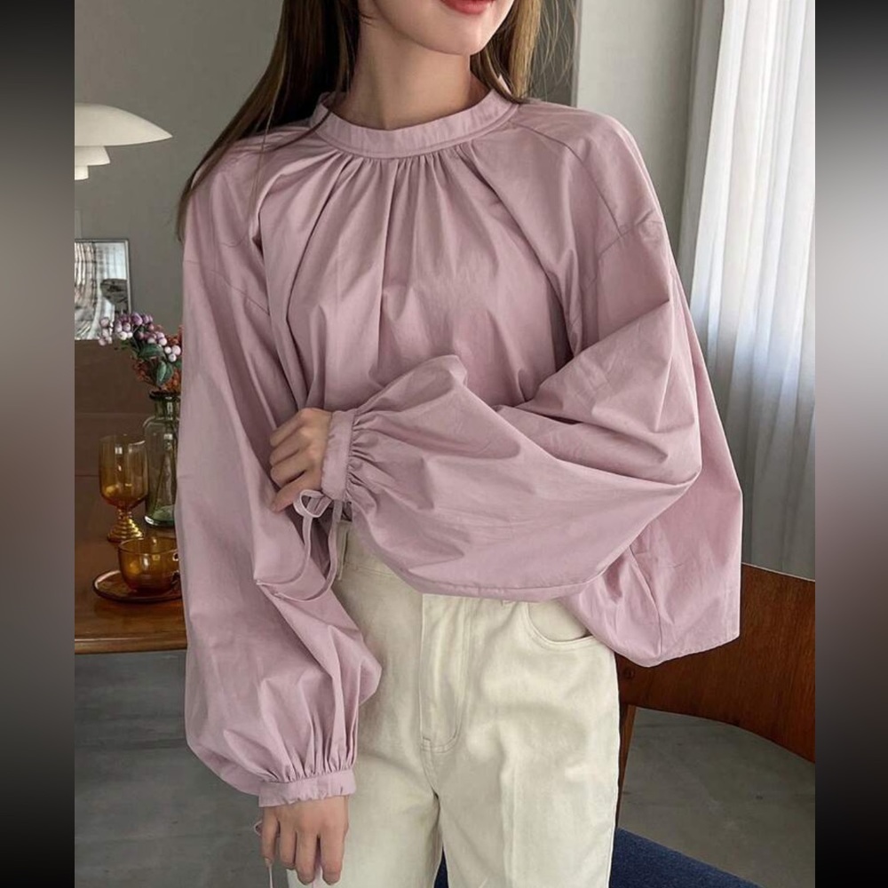 Pink puff sleeve poplin style tie neck top - Picture 2 of 6